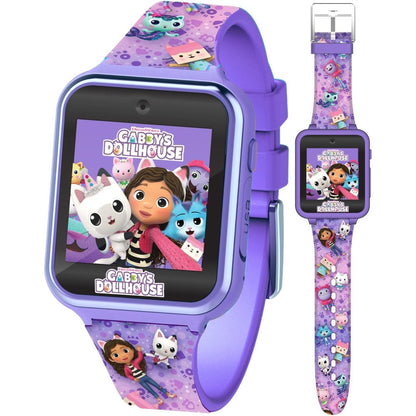 Accutime Gabby's Dollhouse purple kids smart watch front view showing character clock face.