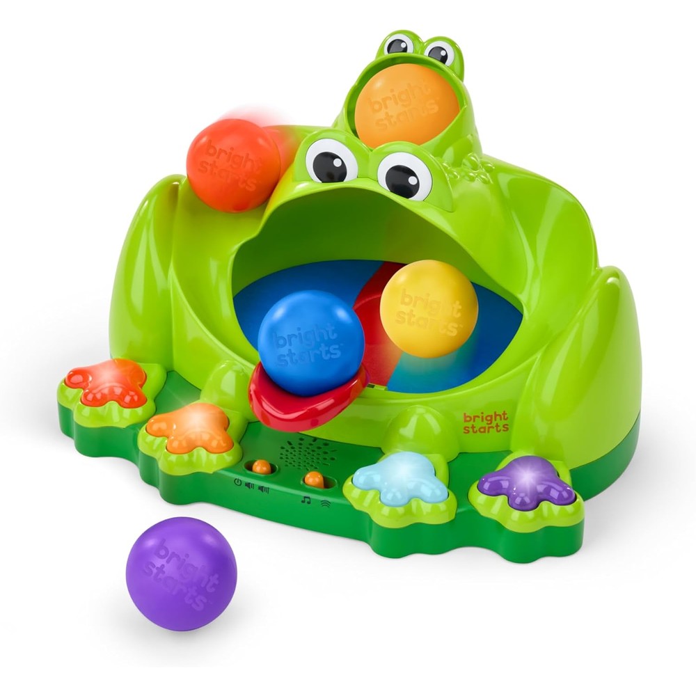 Bright Starts Poppin' Ball Frog Ball Play Toy front view featuring the green musical frog with its mouth open and colorful balls.