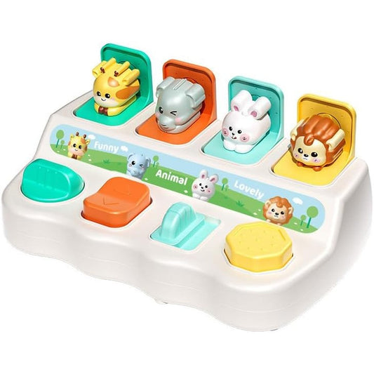 XIFHPF Midocchio animal cause and effect pop up toy front view showing colorful buttons and animal characters.