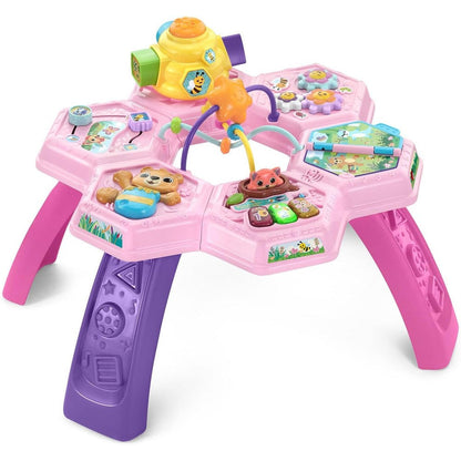 VTech Buzz and Learn Activity Table Pink front view showing the complete educational toy setup with legs attached.