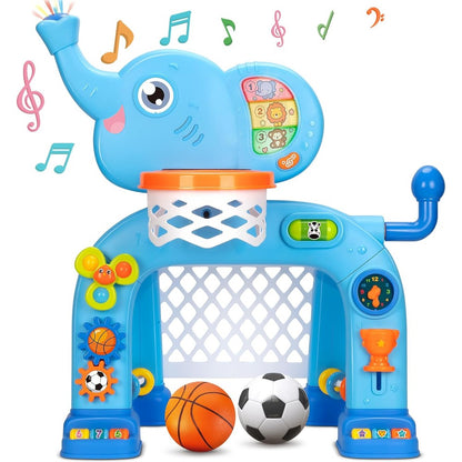 KIZZYEA toddler basketball hoop and soccer goal front view showing blue elephant design