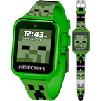 Accutime Minecraft kids smartwatch front view displaying digital Creeper touchscreen face.