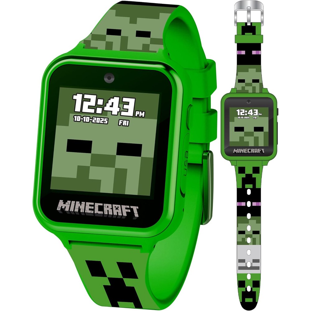 Accutime Minecraft kids smartwatch front view displaying digital Creeper touchscreen face.