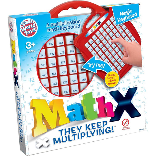 Small World Toys Multiplication Machine front view showing the red grid layout and 81 educational push buttons.