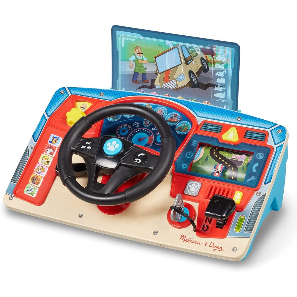 Melissa & Doug PAW Patrol Rescue Mission Wooden Dashboard front view showcasing steering wheel and mission cards.