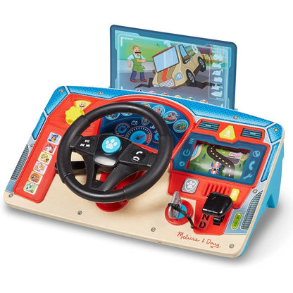 Melissa & Doug PAW Patrol Rescue Mission Wooden Dashboard front view showcasing steering wheel and mission cards.