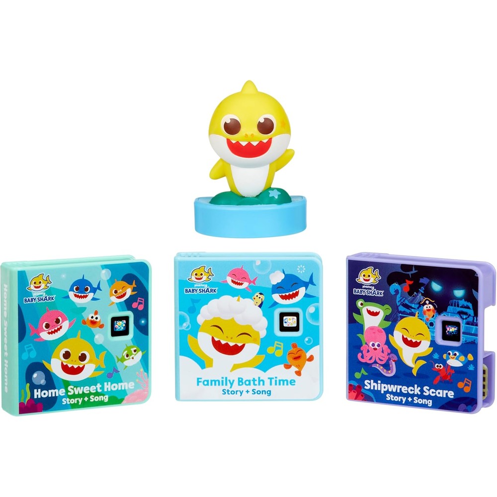 Little Tikes Baby Shark Family Collection packaging front view showcasing story cartridges and character toy.