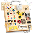AMGAMGTS wooden busy board with LED light front view showcasing colorful switches and buttons for sensory development.