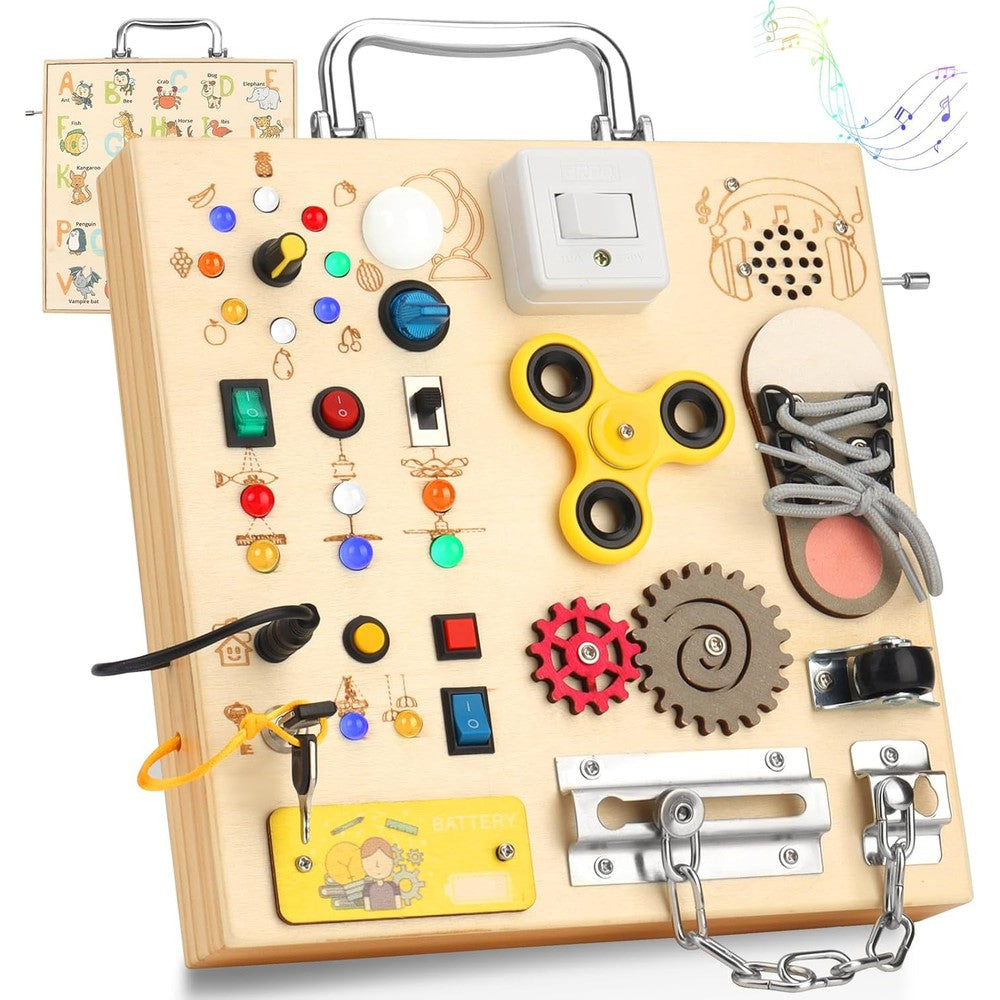 AMGAMGTS wooden busy board with LED light front view showcasing colorful switches and buttons for sensory development.