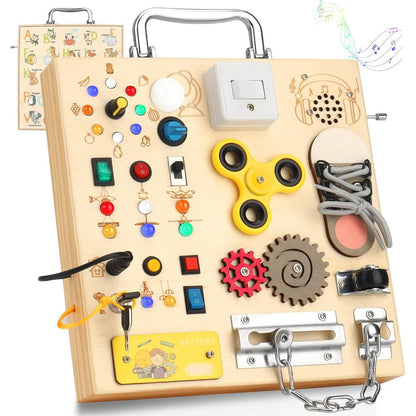 AMGAMGTS wooden busy board with LED light front view showcasing colorful switches and buttons for sensory development.