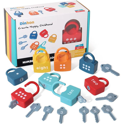 Dinhon kids learning locks and keys educational toy set front view showing colorful number locks.