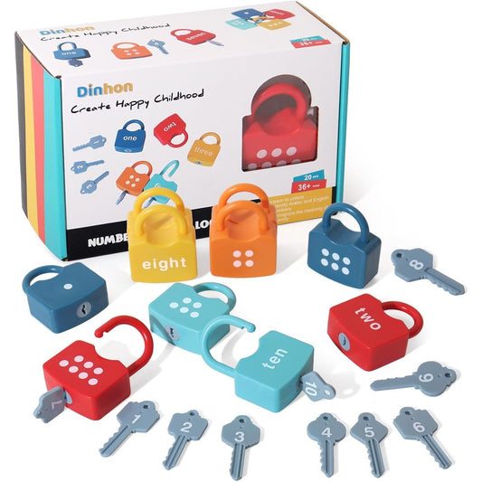 Dinhon kids learning locks and keys educational toy set front view showing colorful number locks.