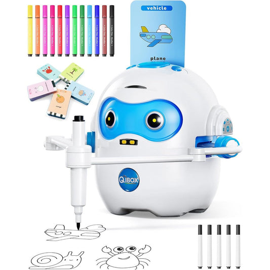 Qibox interactive educational drawing robot front view displaying scan mechanism with cards
