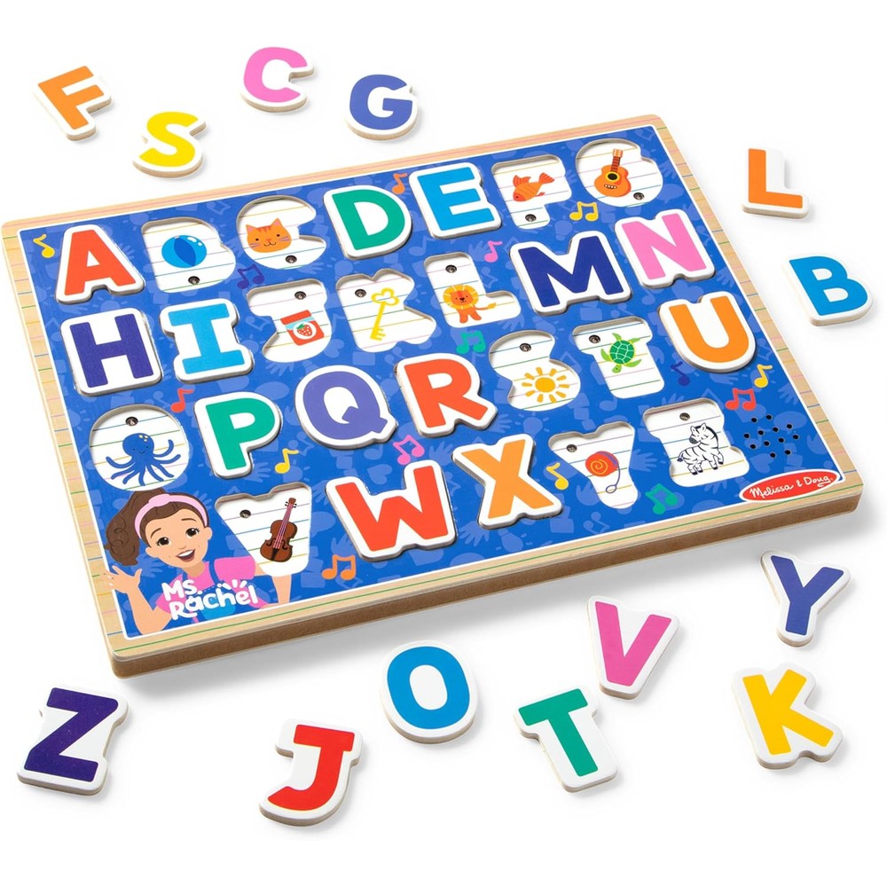 Melissa and Doug Ms Rachel Wooden Phonics Alphabet Sound Puzzle front view showing toddler educational letters