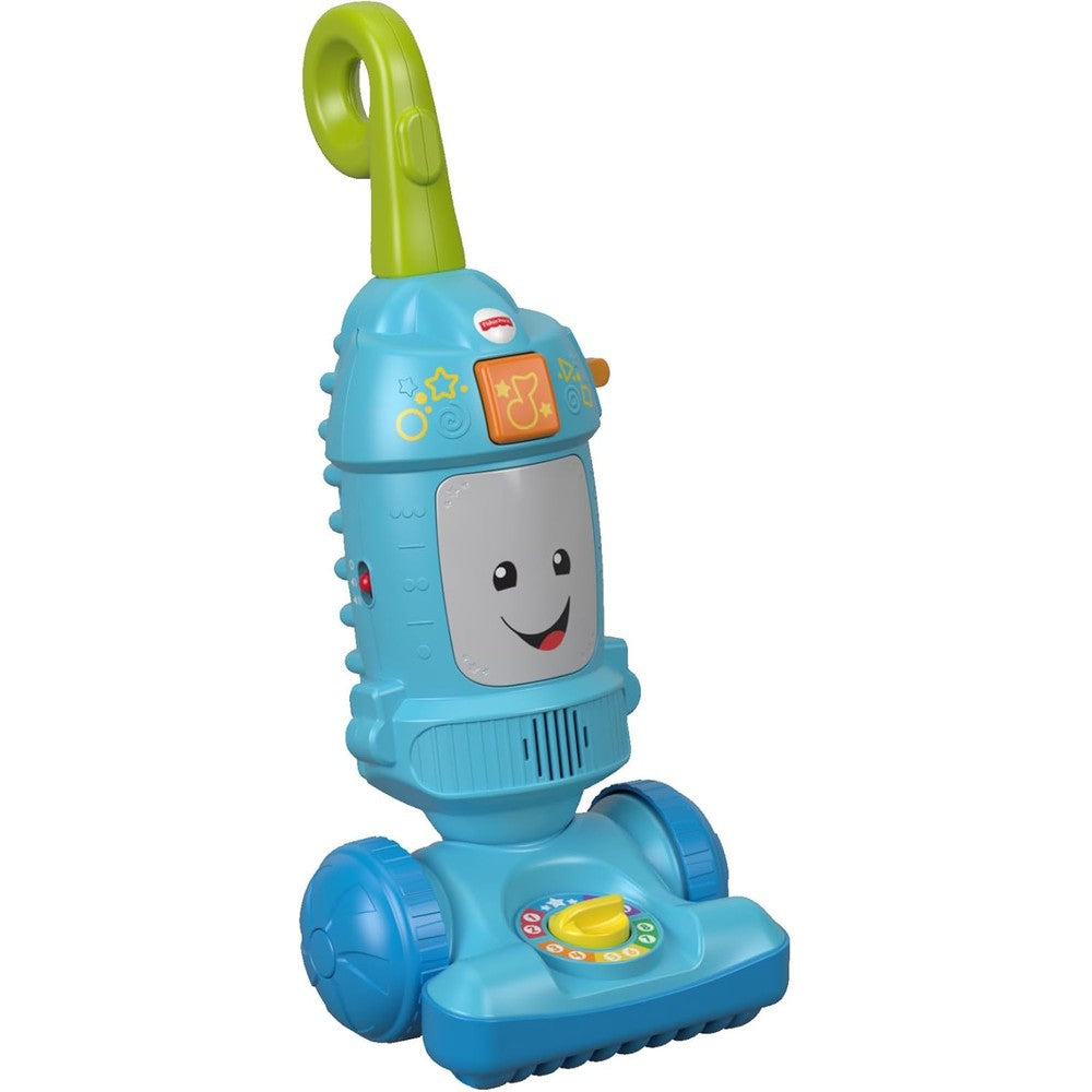 Fisher-Price Laugh and Learn Light-Up Learning Vacuum front view showing the cheerful animated face and interactive buttons.