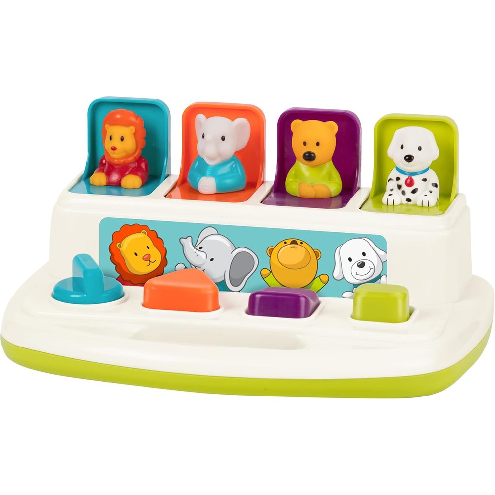 Battat Cause and Effect Pop Up Pals developmental toy front view showing all four animal characters open