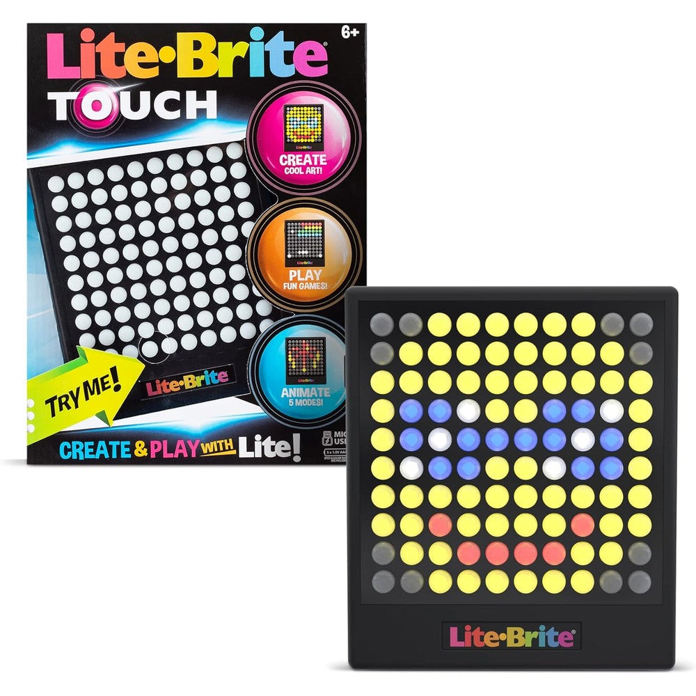 Lite Brite Touch light up portable STEM sensory learning toy front view showcasing glowing color changing buttons.