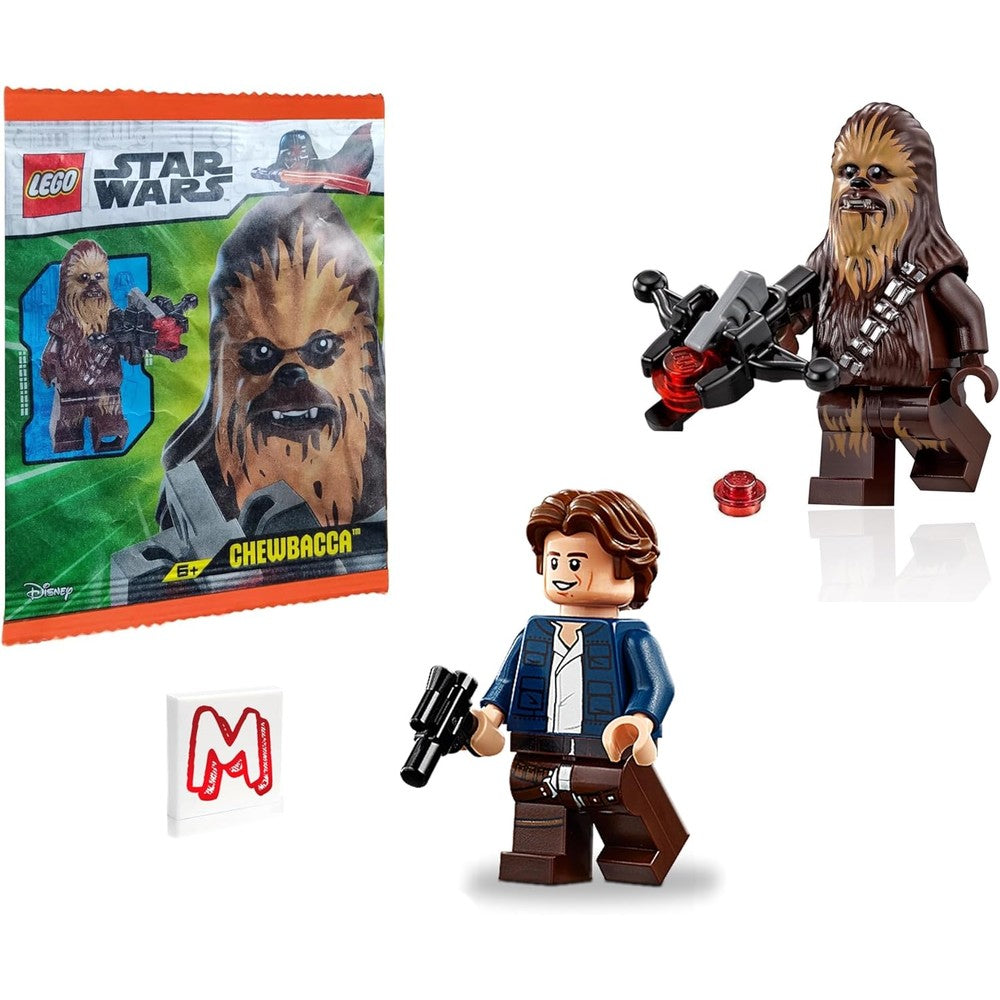 LEGO Star Wars Minifigures Combo front view featuring assembled Han Solo and Chewbacca holding their weapons.