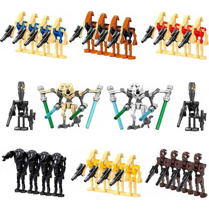 Toysvill Battle Robots Building Block Set front view showing twenty-eight assorted droid minifigures with combat weapons.