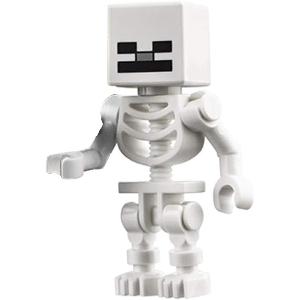 LEGO Minecraft Minifigure Skeleton front view featuring pixelated cube skull details.