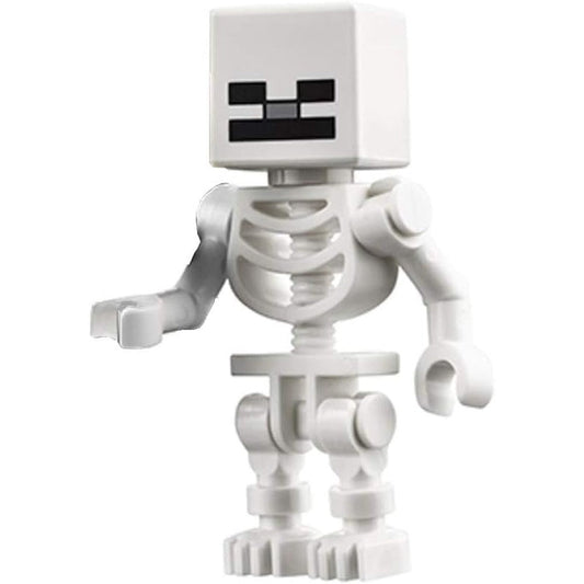 LEGO Minecraft Minifigure Skeleton front view featuring pixelated cube skull details.