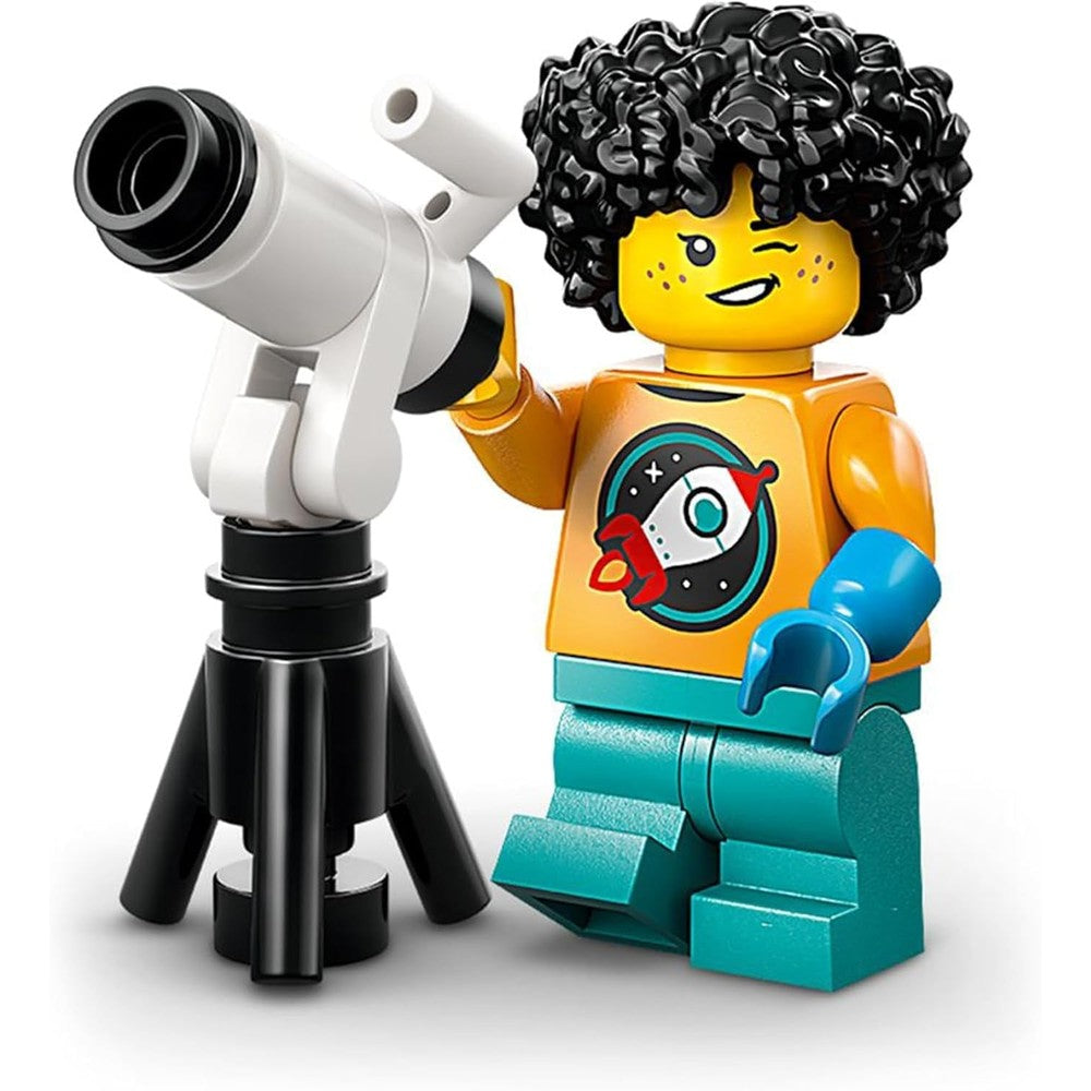LEGO Minifigures Series 27 Child Astronomer Scientist front view displaying rocket printed shirt.