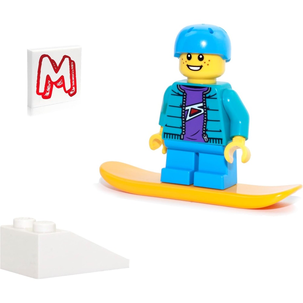 LEGO Holiday Minifigure Snowboarder Boy front view with blue helmet and turquoise jacket