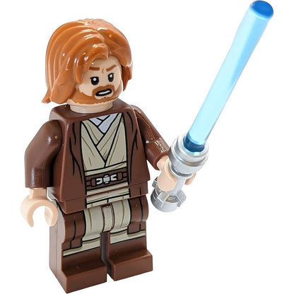 LEGO Star Wars Obi-Wan Kenobi minifigure front view with blue lightsaber collectible toy