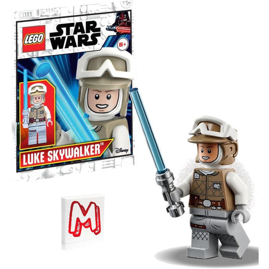 LEGO Star Wars Luke Skywalker Hoth minifigure front view showcasing winter parka printing and blue lightsaber accessory.