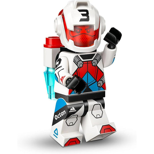 LEGO Minifigures Series 27 Jetpack Racer front view showing white helmet and Octan branding.