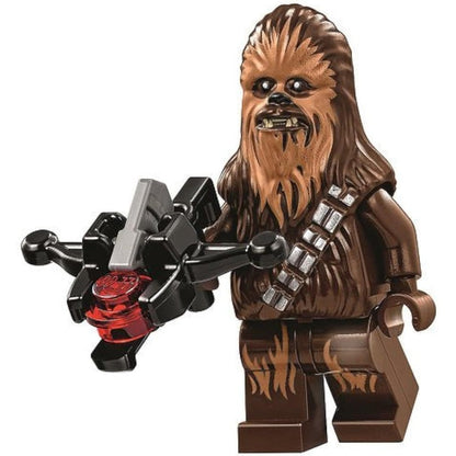 LEGO Star Wars Death Star Chewbacca minifigure front view holding shooter crossbow accessory.