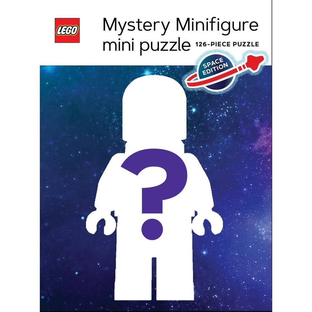 Chronicle Books LEGO Mystery Minifigure Mini Puzzle Space Edition front view of blind box package featuring a dark blue cosmic silhouette