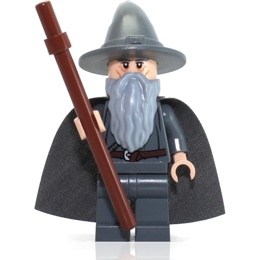 LEGO Lord of the Rings Gandalf the Grey minifigure front view with wizard hat and staff accessory