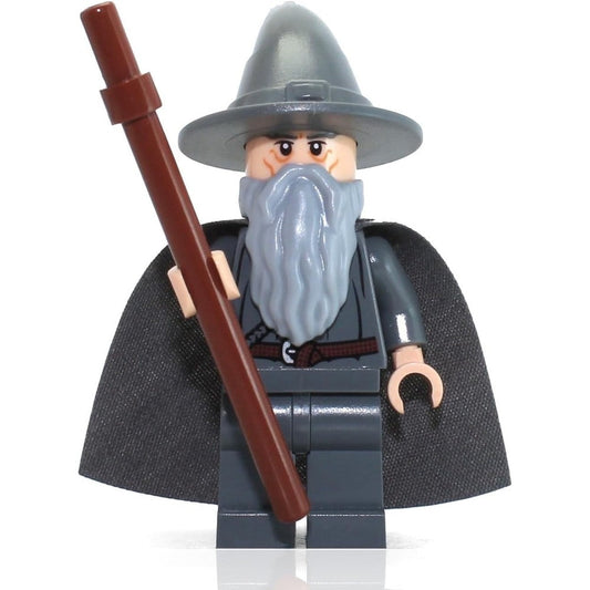LEGO Lord of the Rings Gandalf the Grey minifigure front view with wizard hat and staff accessory