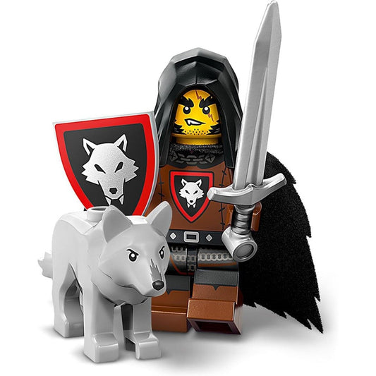 LEGO Minifigures Series 27 Wolfpack Beastmaster front view with sword and shield accessories.