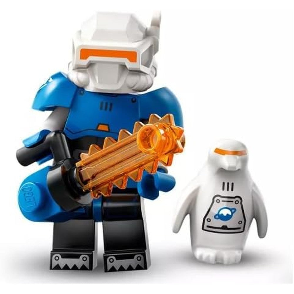 LEGO Minifigures Series 26 Space Ice Planet Explorer 71046 figure with orange chainsaw and robot penguin front view