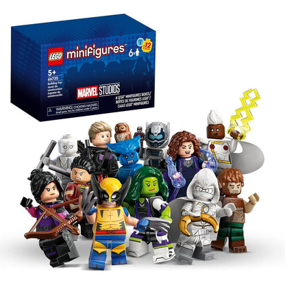 LEGO Minifigures Marvel Series 2 front view of the blue retail box displaying the Marvel Studios logo.