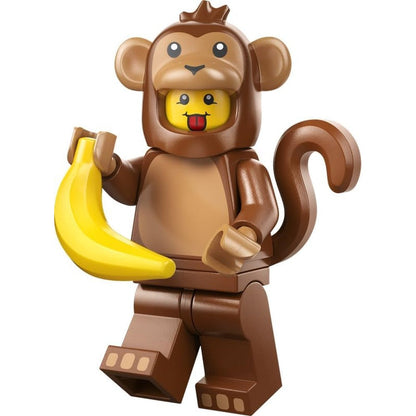 BRICK Flip Lego Monkey Costume minifigure front view showcasing the brown suit and banana accessory.