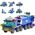 Vilbocr police car toy building set front view showing assembled blue and white armored vehicle