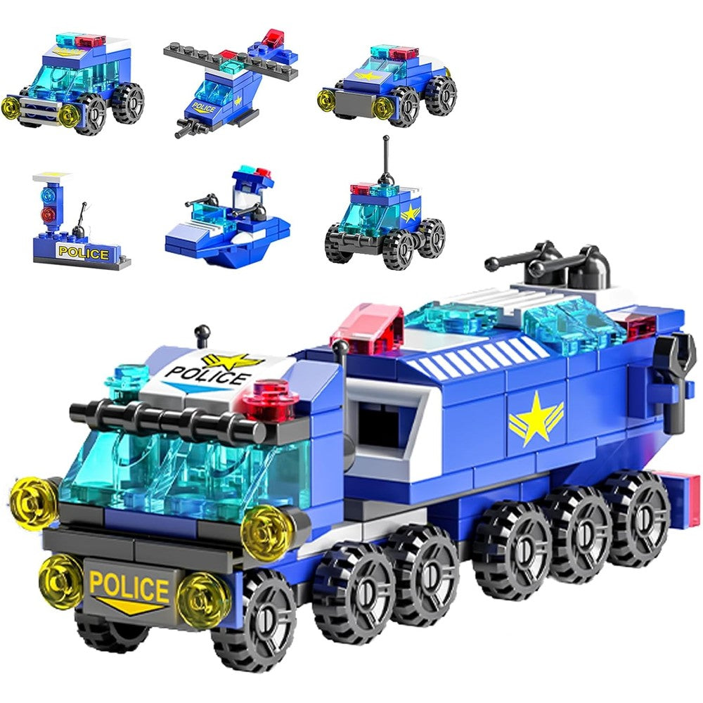 Vilbocr police car toy building set front view showing assembled blue and white armored vehicle