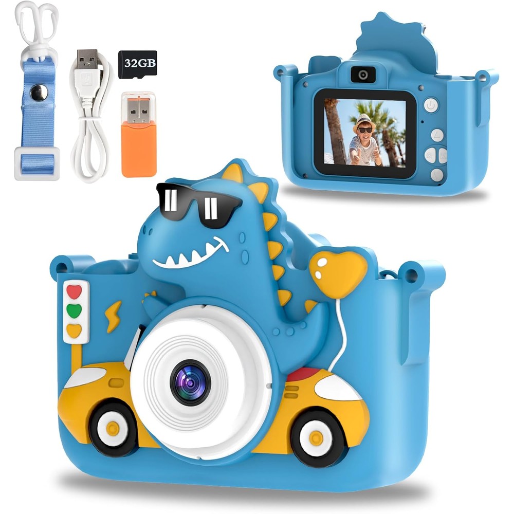 TocsQron kids digital camera blue dinosaur front view showing the lens and cartoon protective case.