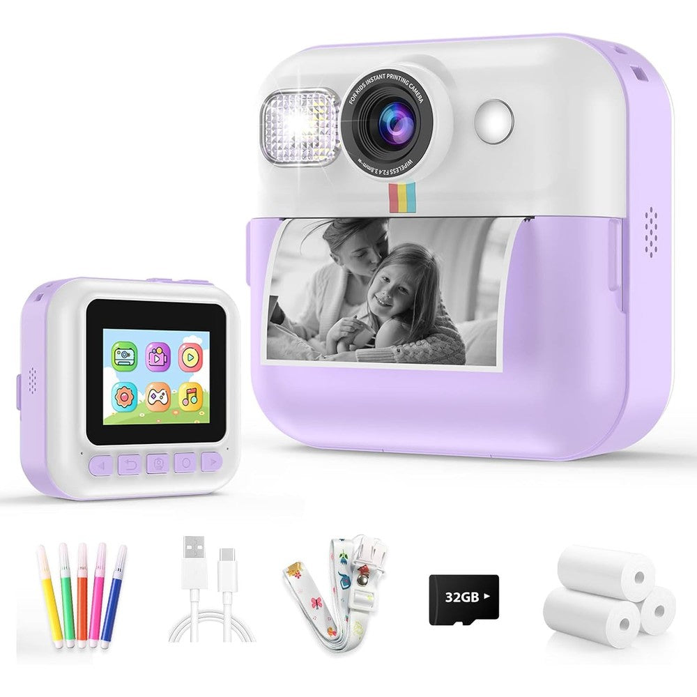 Dafotil kids instant print camera front view in purple color
