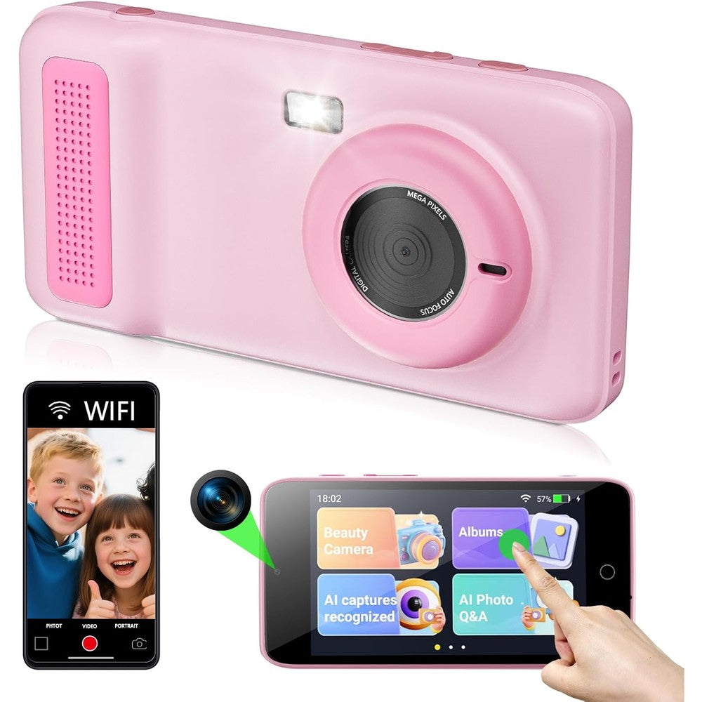 Gisotu AI kids digital camera front view displaying the pink protective silicone case and dual lens design.