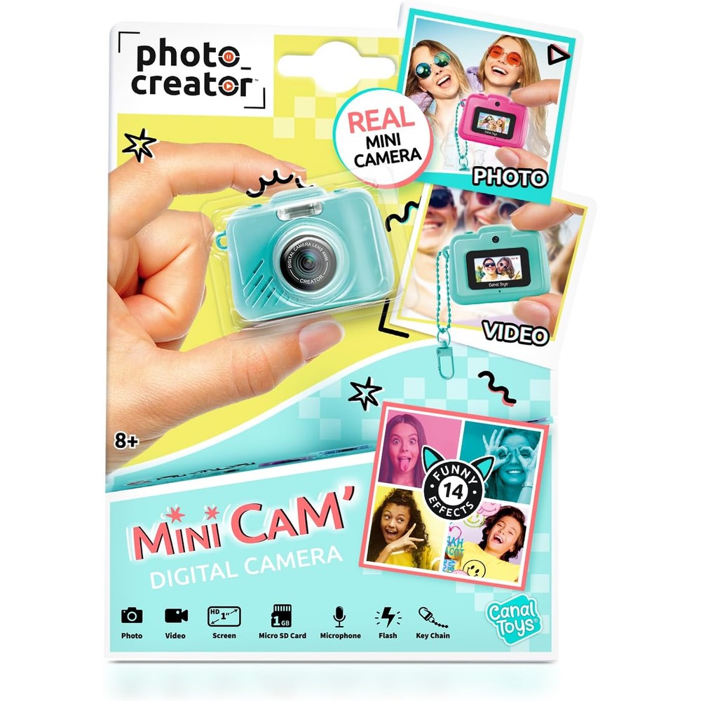 Canal Toys Photo Creator Mini Cam front view in turquoise showing the compact lens design.