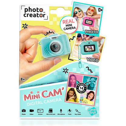 Canal Toys Photo Creator Mini Cam front view in turquoise showing the compact lens design.