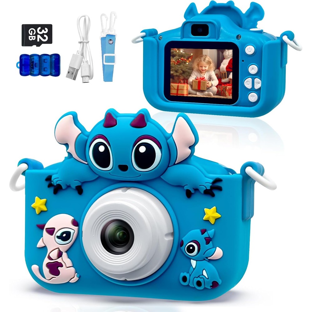 RAYBITU Kids Digital Selfie Camera front view highlighting the blue Stitch silicone protective cover.
