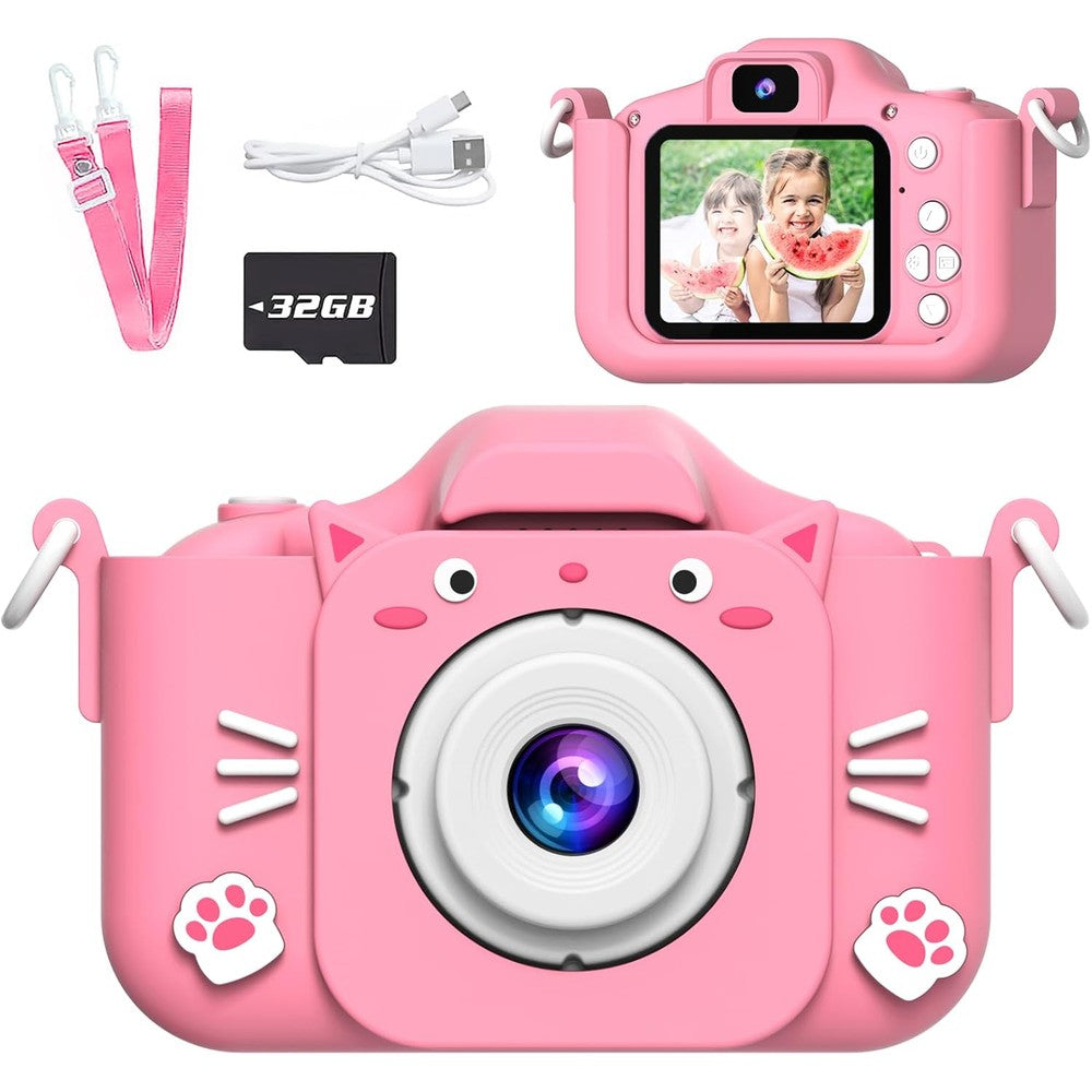SplashNSpray children's digital camera front view inside a pink kitty protective silicone sleeve.