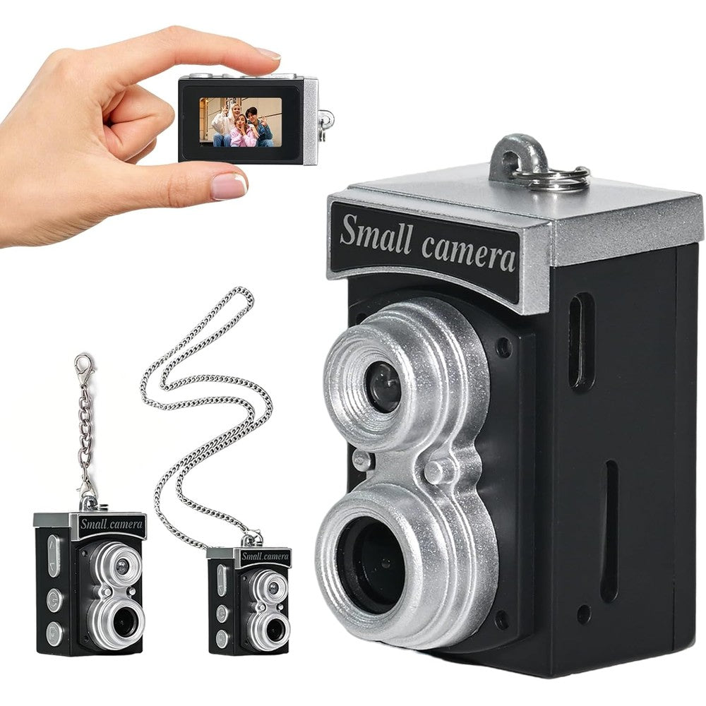 Biyizor mini vintage keychain digital camera front view displaying retro twin lens reflex design