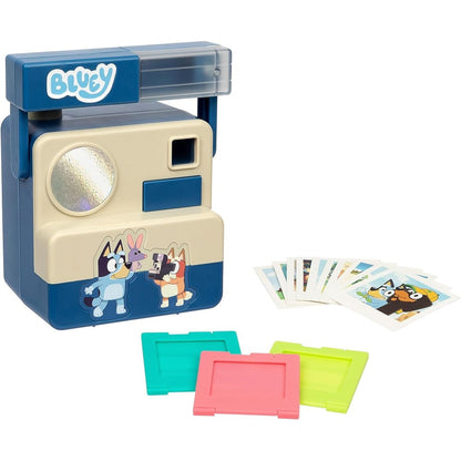 Bluey Chikit Chikit Pretend Camera front view showing the colorful blue and cream role play body design