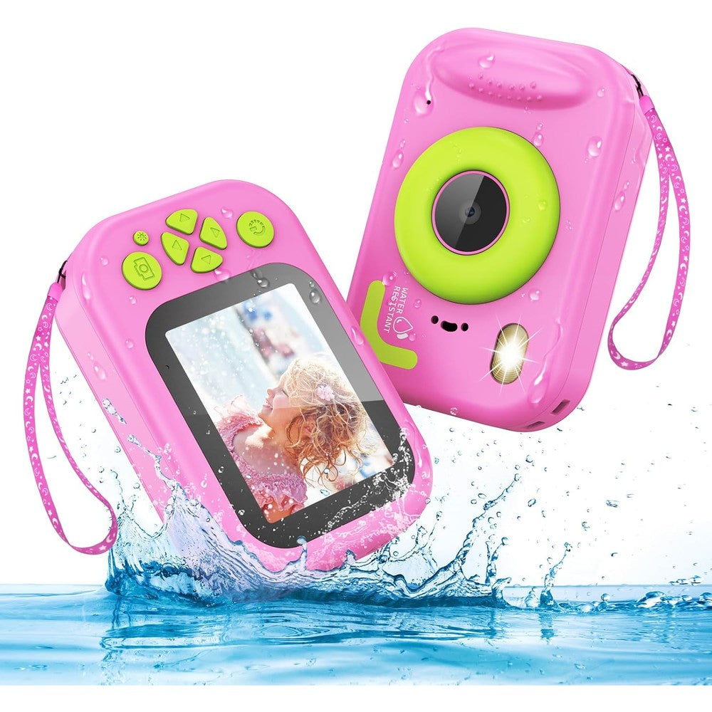 Uffylle kids waterproof camera front view in pink and lime green colors showing lens and flash